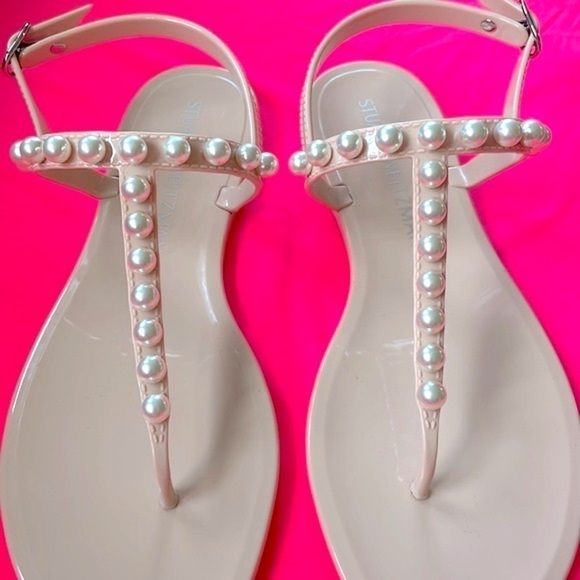 Brand New Stuart Weitzman Goldie Pearly Stud Jelly Sandals Ankle Strap Neutral - Picture 4 of 12
